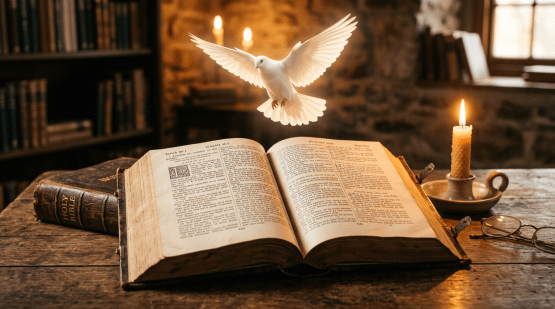 Open Bible on wooden table with flying white dove and candle