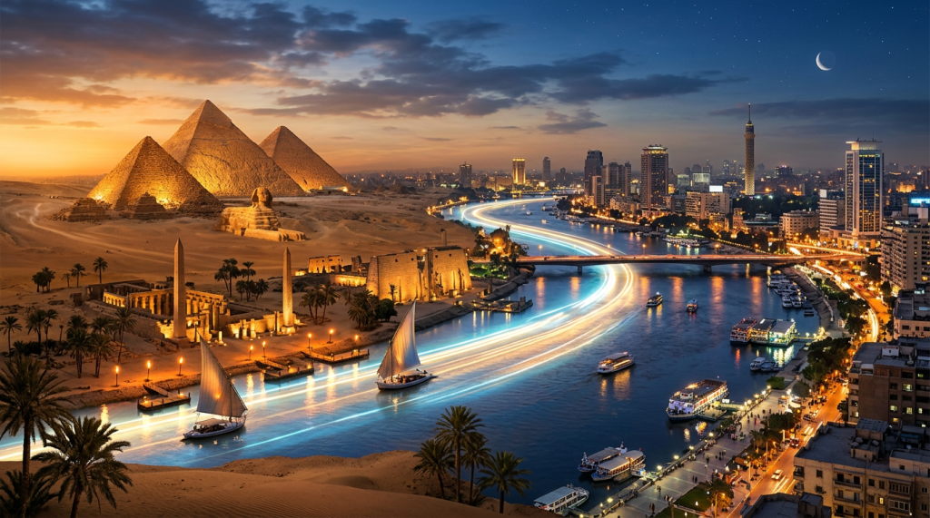 Pyramids, Sphinx, ancient ruins, and Nile river with sailboats next to modern Cairo cityscape at dusk