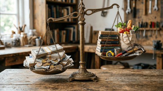 Old-fashioned balance scale with money on one side and books, groceries, and tools on the other