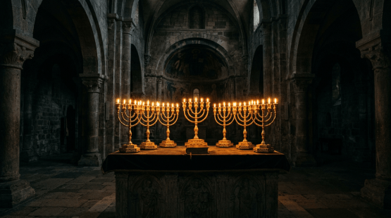 Seven golden menorahs with lit candles on an altar in a dim stone church