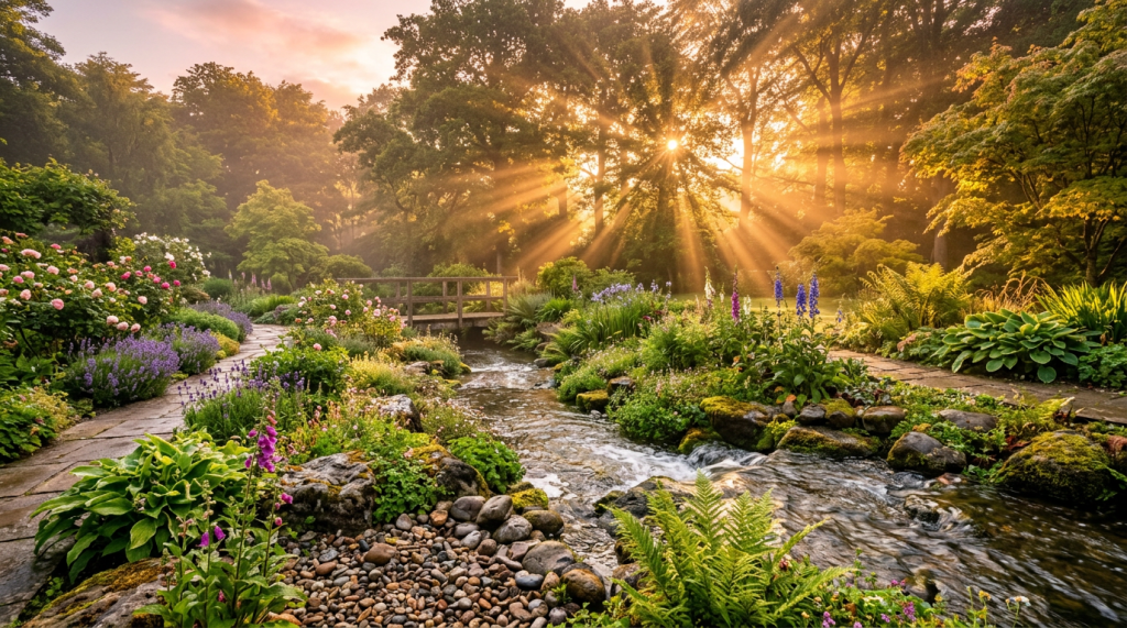 Garden stream with flowers and sun rays through trees