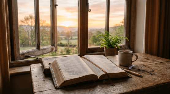 Open book on wooden table near window with sunrise, coffee cup, glasses, and plant