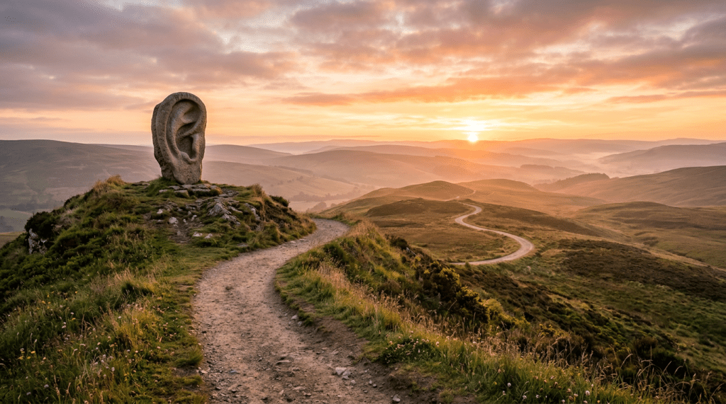 Stone sculpture in the shape of a human ear on a grassy hill at sunset with a winding path leading through the landscape