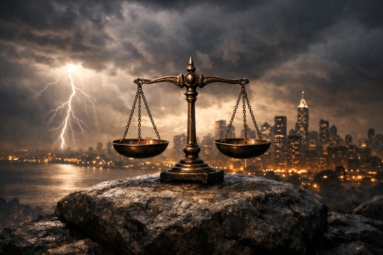 Vintage balance scale on rock with stormy city skyline and lightning