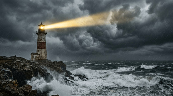 Lighthouse on rocky shore shining beam through stormy weather with dark clouds and crashing waves
