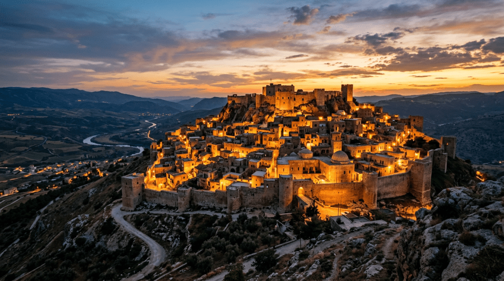 Medieval fortress on a hill at dusk illuminated with warm lights