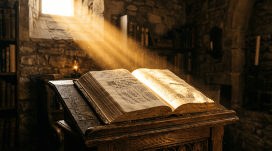 Open ancient Bible on wooden lectern with sunlight shining on pages