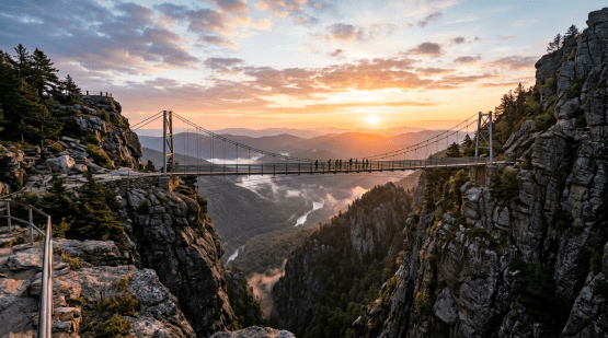 Suspension bridge spanning a rocky mountain gorge with people crossing and a sunset sky