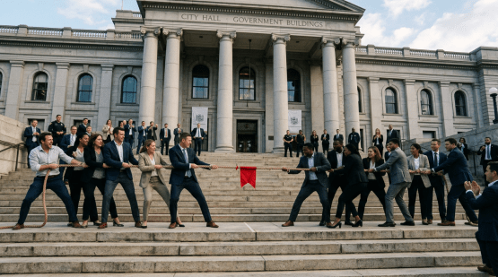 Two groups of business people in suits engaged in tug of war on stone steps in front of a government building.