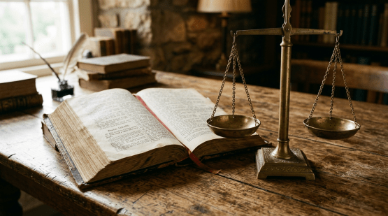 Open vintage book and brass balance scales on wooden table