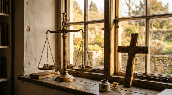 Balance scale with weights, wooden cross, vintage book on rustic windowsill