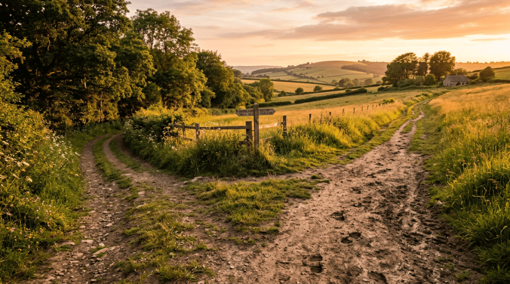 Forked countryside path, alternating footprints, golden hour light