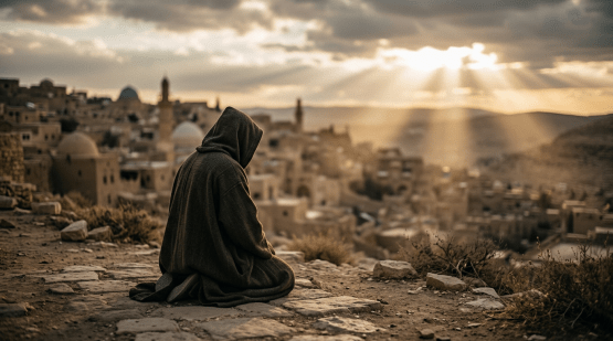 Hooded person sitting on stone ground looking at ancient town with sun rays breaking through clouds