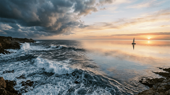 Sailboat sailing on calm ocean near rocky shore with crashing waves at sunset