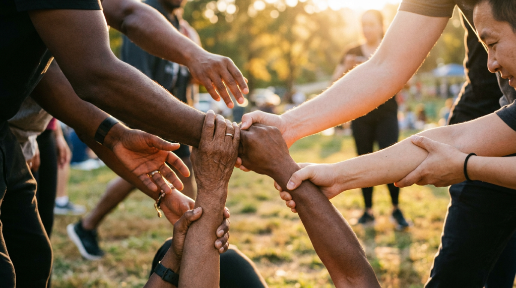 Multiple hands grasping each other forming a supportive connection outdoors