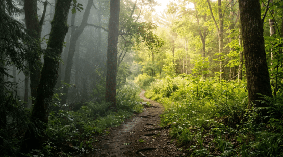 Sunlit forest trail winding through dense green foliage with mist