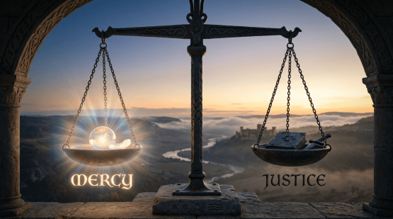 A scale with a glowing orb and feather labeled mercy on one side and a book with a sword labeled justice on the other