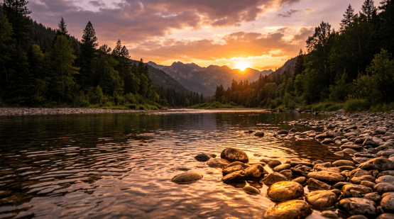 River with rocky shore at sunset surrounded by forest and mountains
