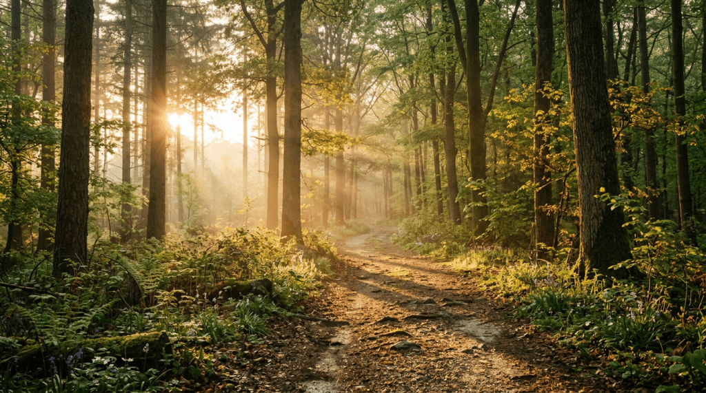 Forest trail with sunlight streaming through trees and green foliage