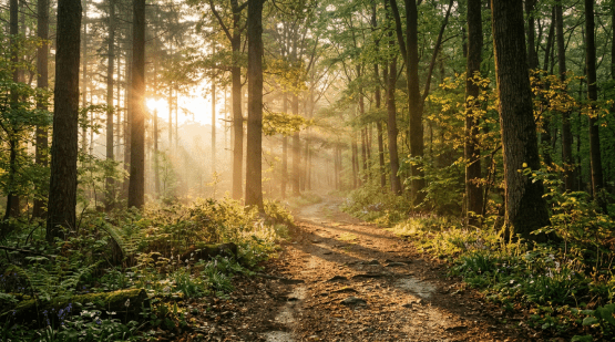 Forest trail with sunlight streaming through trees and green foliage