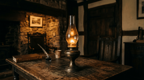 Antique oil lamp burning on a wooden table with book, quill, and mug