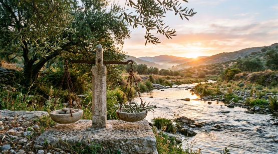 Stone balance scale with stones and olive branches near a river at sunset