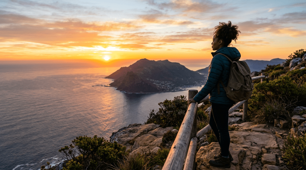 Hiker standing on rocky trail overlooking ocean and mountains at sunset