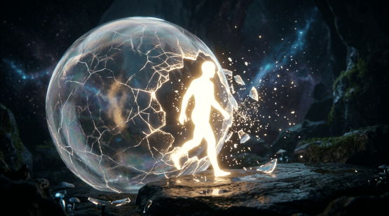 Glowing human figure breaking through a large transparent sphere