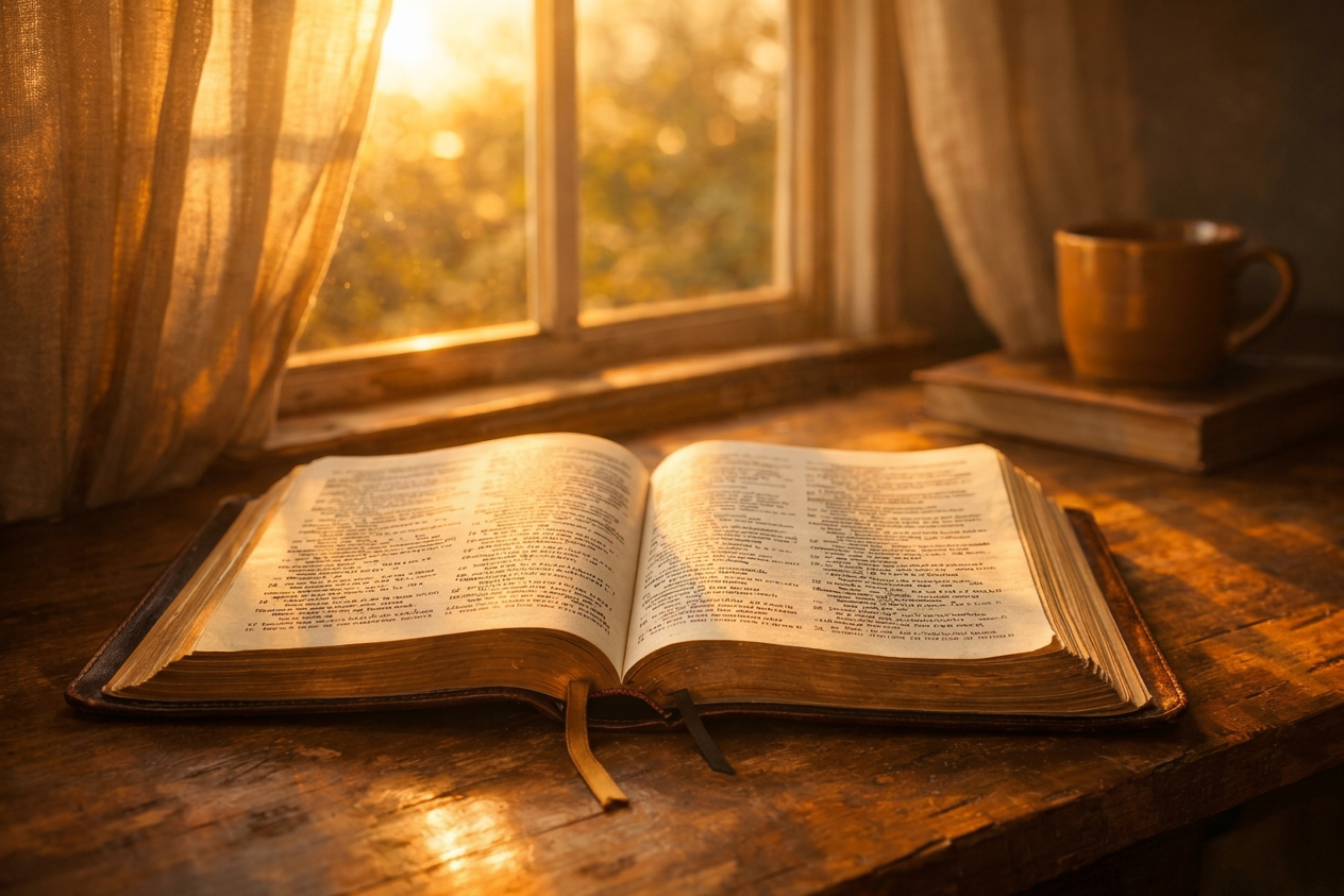 Open vintage book on wooden table with sunlight streaming through window and curtains
