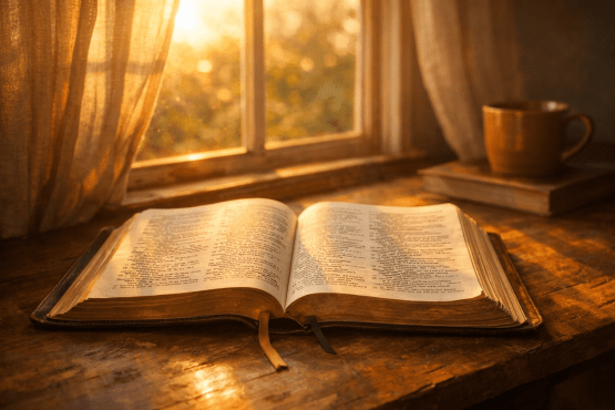 Open vintage book on wooden table with sunlight streaming through window and curtains