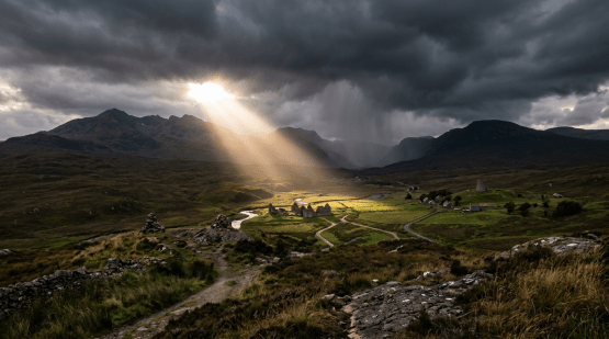 Sunrays shining through clouds onto a green valley with ruins and distant mountains