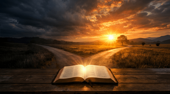 Open Bible glowing on wooden table with sunset over forked dirt path and tree