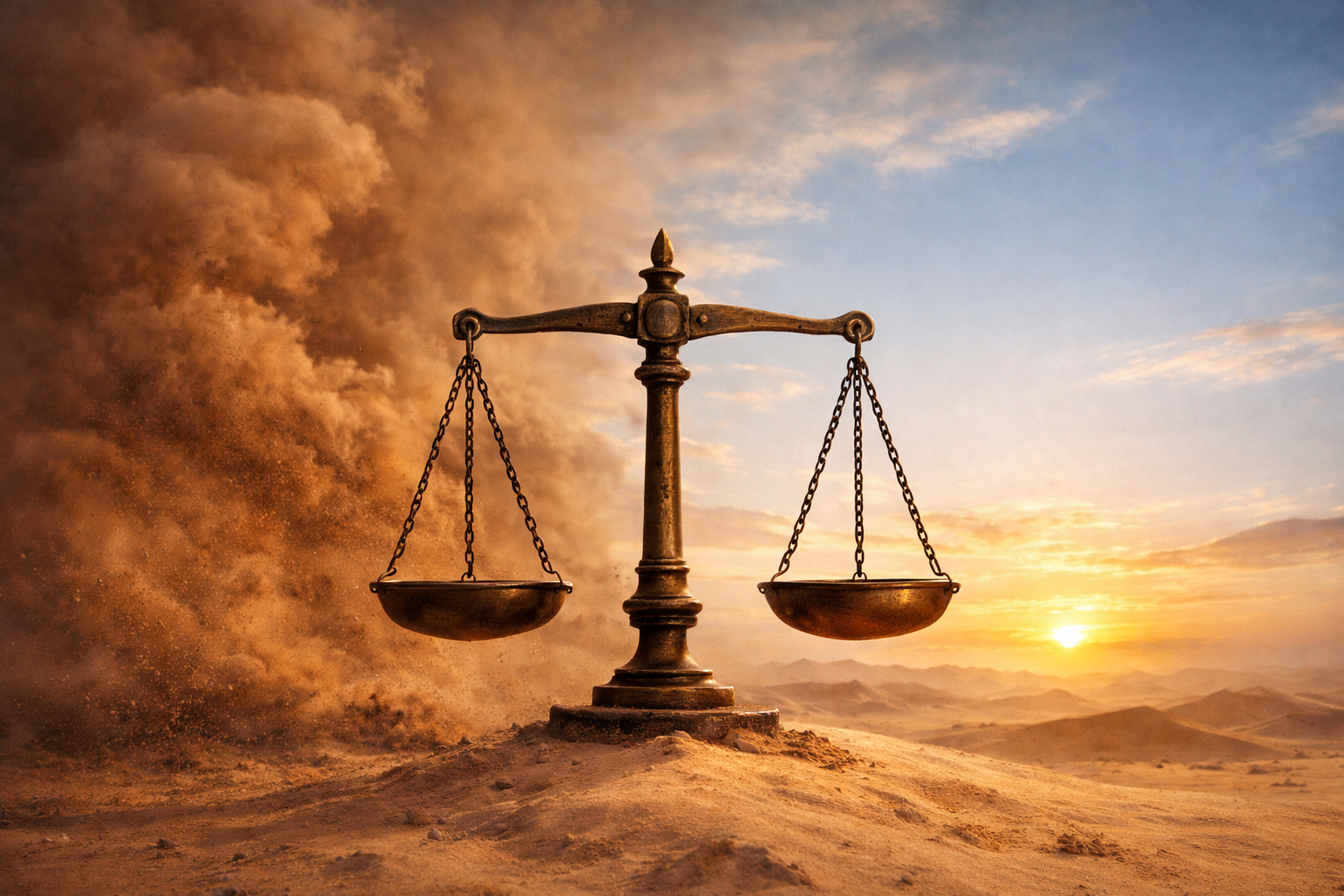 Antique balance scale in desert with sandstorm and sunset