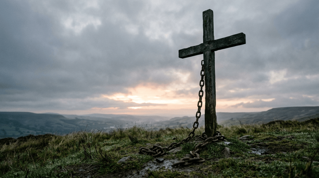 Weathered wooden cross with rusty chains on grassy hill under cloudy sky