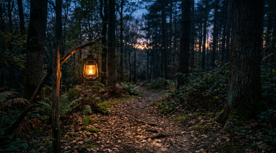 Lit lantern hanging on wooden post beside forest trail at dusk