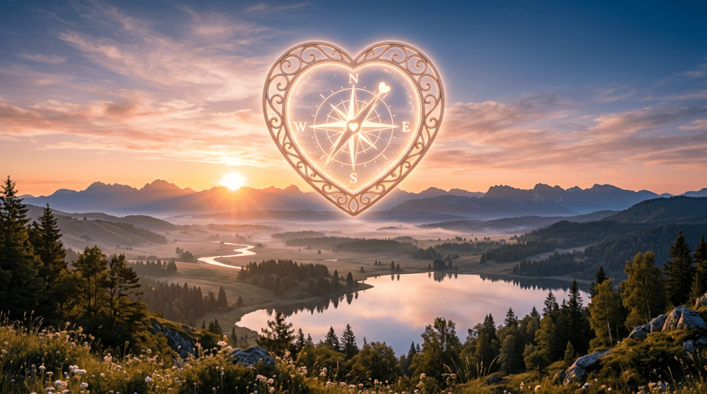 Glowing heart-shaped compass over sunrise valley with lake and mountains