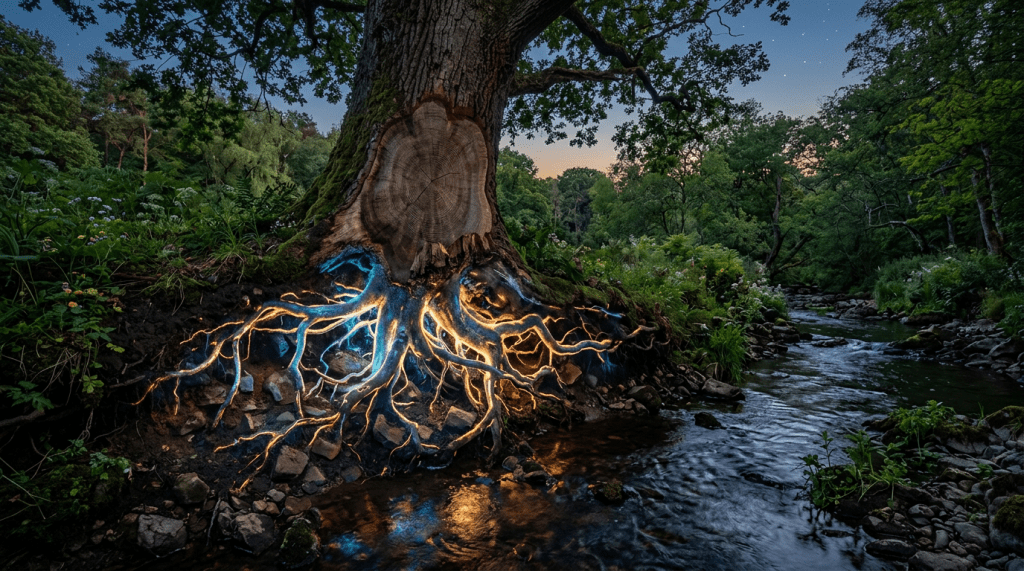 Tree roots glowing blue and orange along a riverbank at dusk