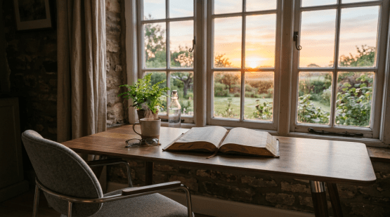 Open book on wooden table with glasses and coffee cup by window
