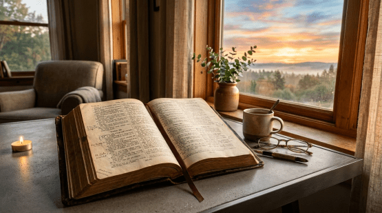 Open Bible on wooden table with coffee mug, glasses, and sunrise through window