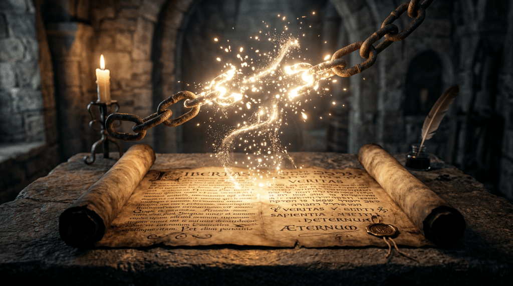 Ancient chain breaking with magical glow above an old scroll on a stone table