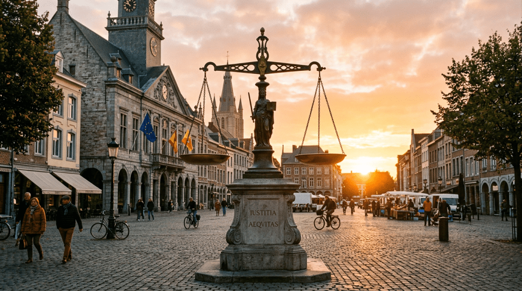 Statue of Justice with scales in a cobblestone town square at sunset