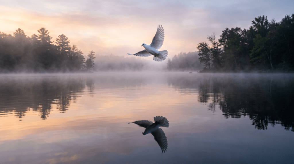 White dove flying over calm lake with mist and trees in background