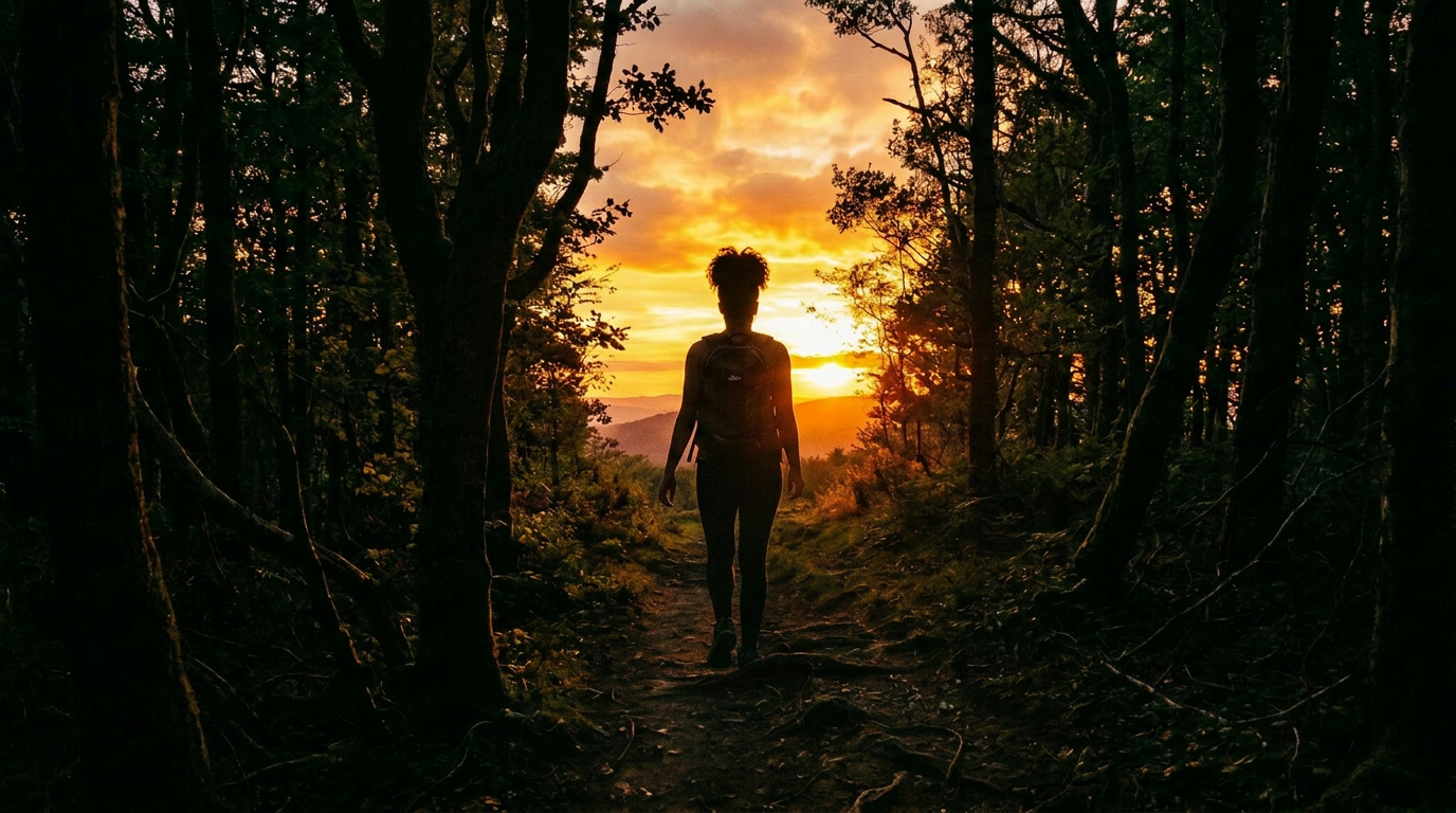 Silhouette of a person walking on a forest trail at sunset with orange sky
