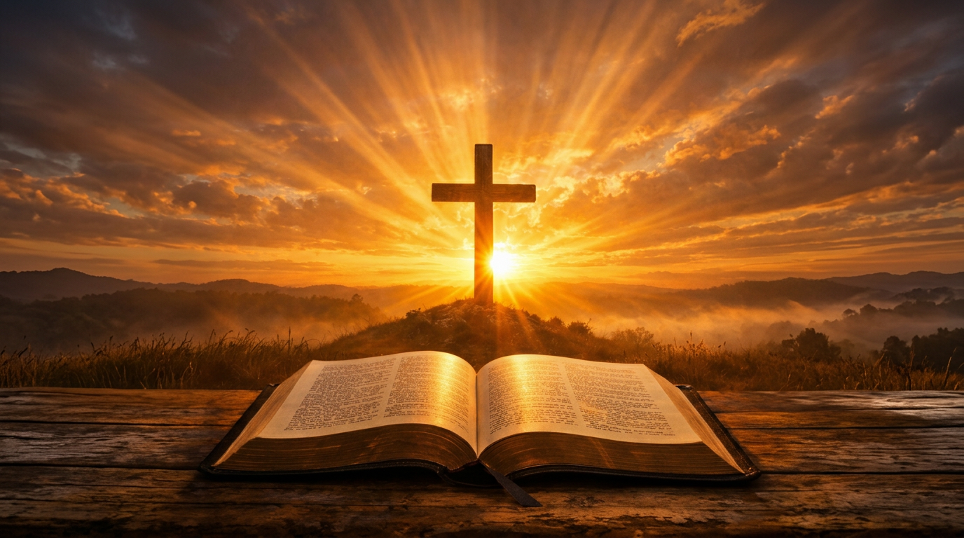 Open Bible on wooden surface facing a cross with radiant sunrise