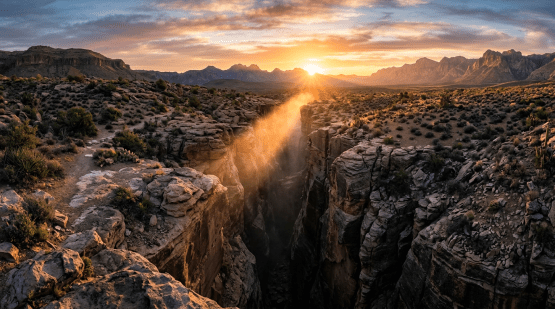 Sunset shining into deep desert canyon with rocky terrain and distant mountains