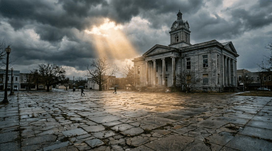 Historic courthouse building with columns under dark cloudy sky with sun rays