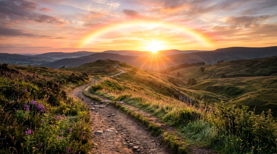 A winding dirt trail through grassy hills with wildflowers at sunset